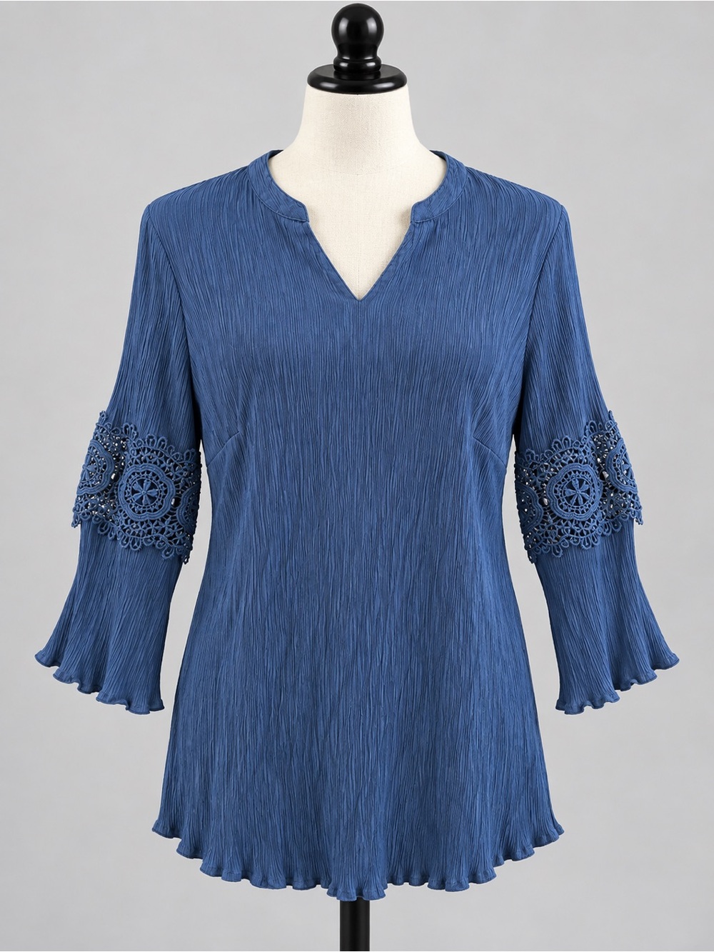 Blue Crochet Lace Bell Sleeve Crinkle Blouse Ruby Rd. 1X